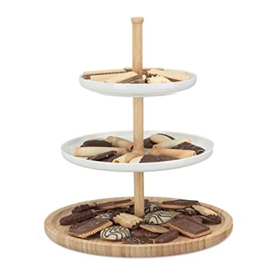 Imagen de Relaxdays Fuente para Servir de 3 Pisos, Bambú Cerámica, Beige Blanco, 36 x 30 cm, Acero Inoxidable, Niveles