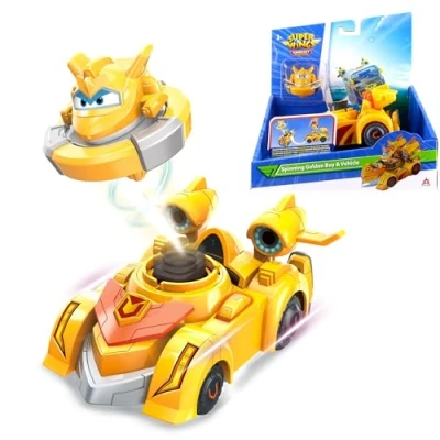 Imagen de Super Wings Spinning Golden Boy &amp; Vehicle, supervehículo de Aprox. 14 cm Altura con 2 Modos, Incl. Mini como peonza para Disparar, niños a Partir 3 años