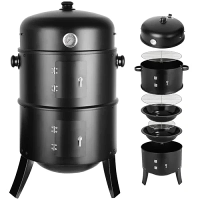 Imagen de Ahumador 3 en 1, smoker barbacoa, barril de ahumado, Ø44,5 x 80 cm, incluye salida aire regulable y termómetro, cuenco agua, 2 rejillas barbacoa (φ 37,5 cm), para ahumar, asar cocinar