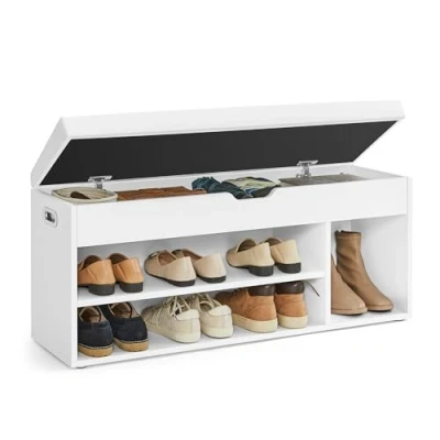 Imagen de VASAGLE Banco Zapatero con Cojín, de Almacenamiento, 3 Compartimentos, Almacenamiento Oculto, Estantes, Sala Estar, Pasillo, Dormitorio, Carga 150 kg, Blanco Nube LHS130W14