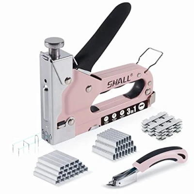 Imagen de SHALL Juego de grapadora manual 3 en 1, potente madera con 3000 grapas, pistola para carpintería, decoración, fijación cables, incluye extractor grapas
