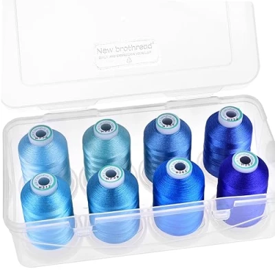 Imagen de New brothread 15 Opciones 8 Carrete a presión de 1000m cada Poliéster Máquina Bordado Hilo con caja almacenamiento plástico para bordar y acolchar Different Blue