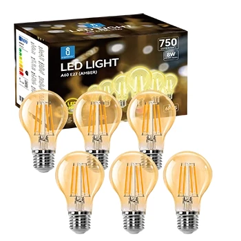 Imagen de Aigostar Bombilla LED E27 Edison, 8W Equivalente a 57W, Blanco Cálido 2200K, 750 Lúmenes, Vintage Decorativa A60 de Filamento, No Regulable, Cristal ámbar, Pack 6