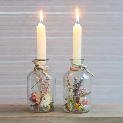Imagen de comforder Portavelas de Cristal con Flores Secas. Set 2 Candelabros para Centros Decorativos Mesa, Velas Decorativas (Crema)