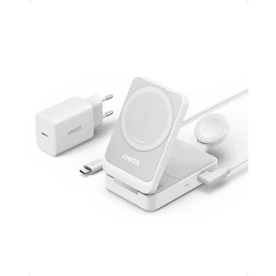 Imagen de Anker MagGo Cargador Inalámbrico iPhone 3 en 1 con Magsafe 15W, Soporte de Carga Certificado Qi2, 16/15/14/13 Series, AirPods, Apple Watch 9 (Enchufe Incluido)