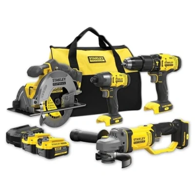 Imagen de STANLEY FATMAX SFMCK469M2 QW Kit combinado V20 (18 V, compuesto por Taladro Percutor, Sierra Circular de mano, Amoladora Angular, Atornillador Impacto, Cargador y 2 baterías 4,0 Ah)