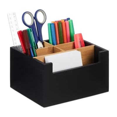 Imagen de Relaxdays Compartimentos, Color Negro Organizador de Escritorio, Bambú, 5 Compartimientos, Oficina o Baño, Portalápices, 9,5 x 18 15 cm