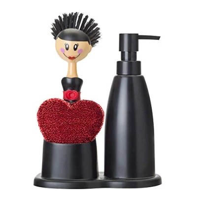 Imagen de Vigar Set Fregadero de Cocina 19 x 13 26,5 cm Modelo Dolls Cepillo Limpieza, Dispensador Jabón con 330 ml y Estropajo Negro Rojo