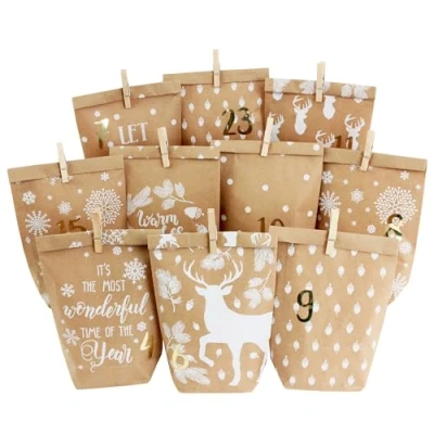 Imagen de Calendario de Adviento DIY para rellenar 24 bolsas regalo impresas y pegatinas números clips motivo Blanco invierno acogedor hacer manualidades regalar Navidad