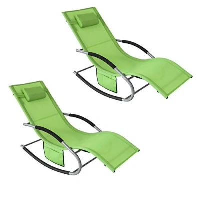 Imagen de SoBuy Set de 2 Tumbonas Mecedora con Almohada y Bolsillo Lateral Estructura Hierro Malla Transpirable Teslin soporta hasta 150 kg Verde x OGS28 GRx2 ES