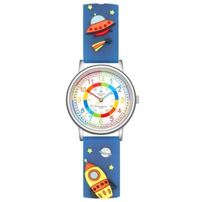 Imagen de Alienwork Espacio Alien Reloj de Aprendizaje Infantil Niño Plateado Azul Abigarrado niños Impermeable 5 ATM Tiempo Aprender