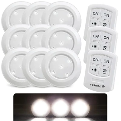 Imagen de Fosmon Juego de 9 luces LED inalámbricas, iluminación para armario, focos alimentados por pilas, luz nocturna con batería, foco regulable batería y mando a distancia función