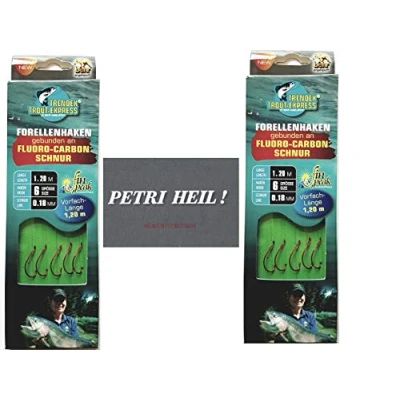 Imagen de Juego de 2 6 paquetes anzuelos para trucha atados (10 30 unidades) a hilo carbono fluorocarbón, tamaño anzuelo 4, y 8 Behr + pegatinas gratis Petri Heill! (2 ganchos