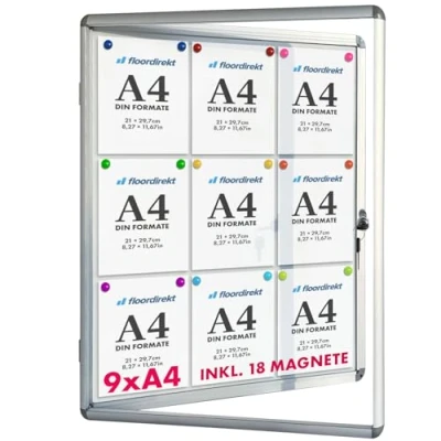 Imagen de Floodirekt Vitrina de pared 9 x DIN A4 con marco aluminio y cristal acrílico, incluye imanes, caja información, colgante magnética posterior para escribir