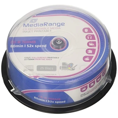 Imagen de Cd r Mediarange 52x 700mb 80min Inkjet Full Surface Printable Cake 25 25x Mr202