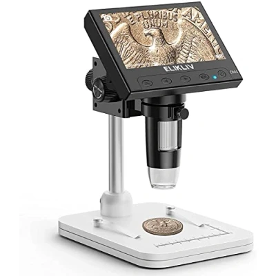 Imagen de Elikliv Microscopio Digital LCD para Monedas 1000x, Lupa con 8 Luces LED Ajustables, Vista PC Compatible Windows, EDM4, 4,3 Pulgadas