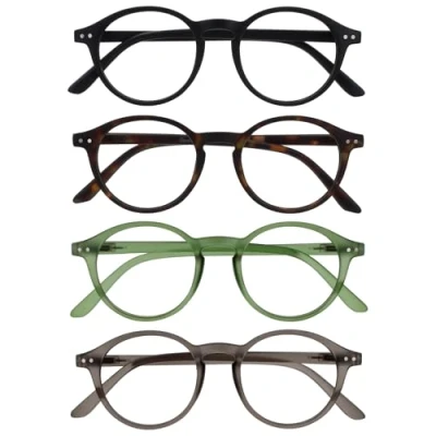 Imagen de OPULIZE REY Gafas de Lectura Pack 4 Montura Redonda Retro Negro, Carey Marrón, Verde, Gris Hombre Mujer Bisagras Muelle RRRR56 1267 +3.00