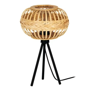 Imagen de EGLO Amsfield 1 lámpara de mesa con trípode, metal negro y bambú al natural, pequeña pie, madera para salón dormitorio, casquillo E27