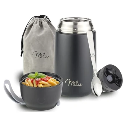 Imagen de Milu Termo para Comida 300ml, 440ml, 450ml, 650ml, 800ml Taza Aislada, Botella de Acero Inoxidable Aislada Alimentos, Beber y sopa los niños adultos A prueba fugas Térmico (800ml/Negro)