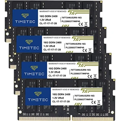 Imagen de Timetec 64GB Kit (4x16GB) DDR4 2400MHz PC4 19200 Non ECC Unbuffered 1.2V CL17 2Rx8 Dual Rank 260 Pines SODIMM Módulo de Memoria RAM para computadora portátil (64GB (4x16GB))