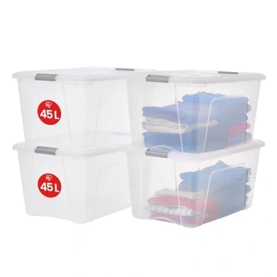 Imagen de Iris Ohyama 4 Cajas de almacenamiento con tapas, 45L, Plata, Clips Cierre, Duradero, Apilable, para Dormitorio, Armario, Oficina, Organizadora, Ropa y Zapados, Libre BPA, NTB 45