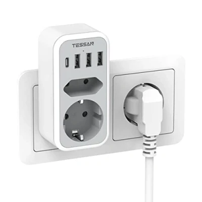 Imagen de TESSAN Ladron Enchufes USB con 1 Puerto Tipo C y 3 A, Enchufe Multiple Charger 2 enchufes, Toma de CA EU, Cargador Pared Vertical
