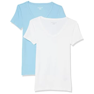 Imagen de Amazon Essentials Camiseta de Cuello en Pico Manga Corta y Ajuste Entallado Mujer, Pack 2, Blanco/Azul Claro, XS