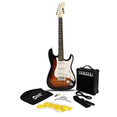 Imagen de RockJam RJEG02 SK SB Kit completo de guitarra eléctrica 10 W, con amplificador, lecciones, correa, funda, púas, Whammy, plomo y cuerdas repuesto, Marrón/Blanco (SunBurst)