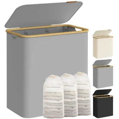 Imagen de SONGMICS Cesto de Ropa Sucia con Tapa, Gran Cesta Colada 3 Secciones, 150 L, Forro Malla Extraíble, Tejido Oxford, Asas Bambú, Plegable, 60 x 38,5 70,5 cm, Gris Paloma LCB515G01