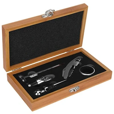 Imagen de Juego de sacacorchos con abridor vino caja madera, kit regalo accesorios para botellas 5 piezas, sacacorchos, tapón vino, vertedor, anillo y termómetro