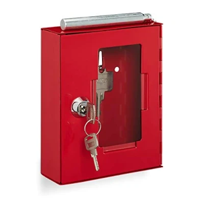 Imagen de Relaxdays Caja Llave de Emergencia con Martillo Rompecristales, Ventana Cristal, Cajita Metal, Pequeña, Entrada, Rojo, Hierro, 15 x 12 4 cm