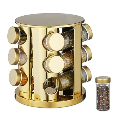 Imagen de Relaxdays Especiero Giratorio, 12 Dosificadores, 360º, Acero Inoxidable, Cristal, 22 x 20 cm, Soporte Especias, Dorado, cm