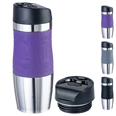 Imagen de Wellgro Taza térmica 400 ml + 1 tapa extra Acero inoxidable Mango de silicona suave libre BPA doble pared café para llevar morado