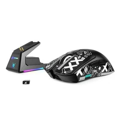 Imagen de MAMBASNAKE x Attack Shark X1 Ratón Ligero para Juegos FPS con Base de Carga &amp; Grip Tape, 49g Superlight, Sensor PAW3395 Pro 40K dpi, Tasa Sondeo 1000 Hz, BT/2,4G Wireless/Cable, PC/Mac Negro
