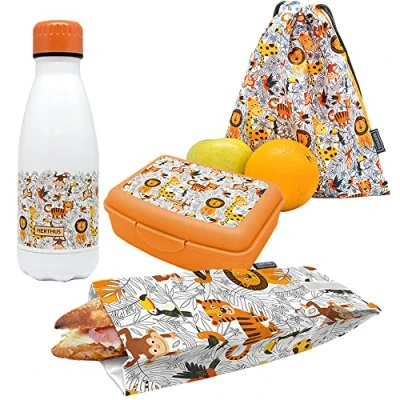 Imagen de NERTHUS FIH 1015 SET Botella Doble Pared Acero Inox + Lunchbox Bolsa Bocadillo Mochila Leones