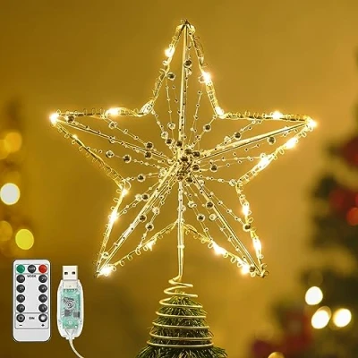 Imagen de Lewondr Gran Estrella de Árbol, 30CM Adorno para Copa del Árbol con Cuentas, 8 Modos Luces por USB Mando a Distancia Navidad Temporizador, Decoración Hogar, Oro