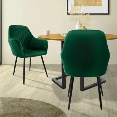 Imagen de ML Design 2X Sillas de Comedor Verdes Ergonómicas, Asiento Tapizado Aspecto Terciopelo Patas Metal con Respaldo y Reposabrazos Sillón Moderno para Mesa Salón Oficina Dormitorio Cocina