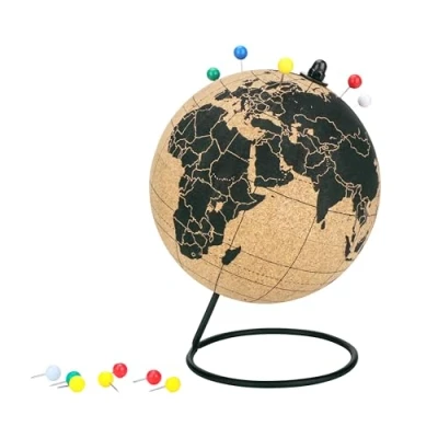Imagen de EXERZ 14cm Globo Terráqueo De Corcho Natural Incluye 12 Alfileres Fije Y Marque Aventuras, Lugares Memorables, Planes Vacaciones Futuras. Pantalla Escritorio (Corcho Natural)