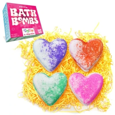 Imagen de 4 x bombas de baño grandes con forma corazón Zimpli Gifts, perfectas para hidratar la piel, cumpleaños, regalos, set spa belleza y cuidado personal