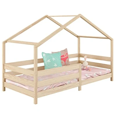 Imagen de IDIMEX Rena cama en casa de pino macizo natural, bonita Montessori con protección contra caídas, estable 90 x 200 cm