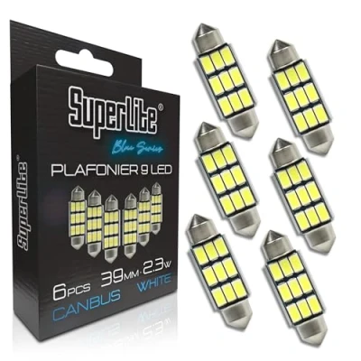 Imagen de Superlite Set de 6 Bombillas Plafonier 9 Leds, 39 mm 23W la Gama Blue Series Tecnología CanBus Luz Blanca Ideal para Coche y Camión