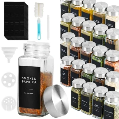 Imagen de Lannvan Botes Especias Cristal 24pcs Cuadrado para con Tapa 120ml Frascos Especiarias Tarros incluir Embudo, Tamiz, Cepillo Limpieza, Etiquetas y Bolígrafo