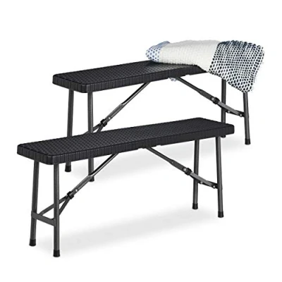 Imagen de Relaxdays Set 2 Bancos Plegables Jardín, Asiento Terraza y Patio, Plástico, Banquillo Camping 42 x 100 25 cm, Negro