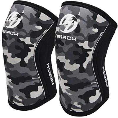 Imagen de Nisrok rodilleras (1 par), de compresión neopreno 7 mm, gran apoyo para entrenamiento cruzado, levantamiento pesas, potencia, sentadillas, Large, Gris (Camo Gray)