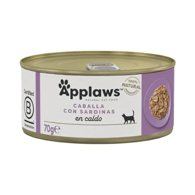 Imagen de Applaws Comida Húmeda Natural de Caballa con Sardina en Caldo para Gatos Adultos Pack Contiene 24 latas 70g