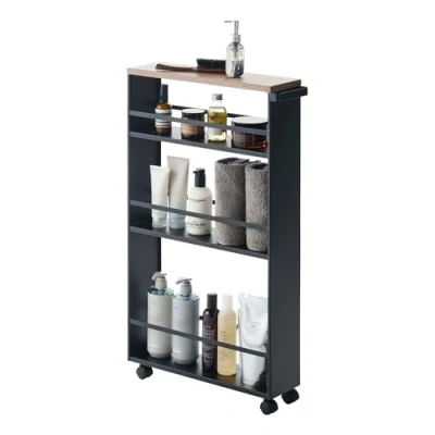 Imagen de YAMAZAKI 3628 Tower Rolling Carrito de almacenaje con asa, Color Negro, Acero y Madera, L 13 x B 47,5 H 80,5 cm