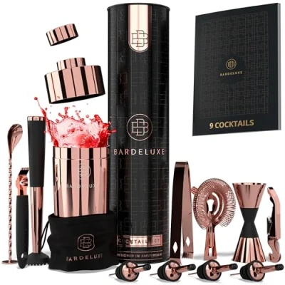 Imagen de BarDeluxe® Kit de Cocteleria 12 Piezas, Set Profesional, Juego Coctelera, Cocktail Coctelera 750 ml, Coctelería Elegante Caja Regalo (Oro Rosa)