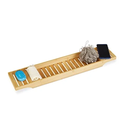 Imagen de Relaxdays Bandeja Bañera, Tabla Baño, Organizador Rejilla, Soporte Elegante, Bambú, 1 Ud, 4,5 x 68,5 14,5 cm, Marrón