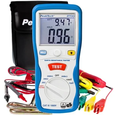 Imagen de PeakTech 2700 Probador Digital con Pantalla LCD Doble y 2 Varillas, Resistencia a Tierra, Ac/Dc, Tuv/Gs, Retención de Datos, Desconexión Automática, Puesta Cero Automática Cat III 1000 V