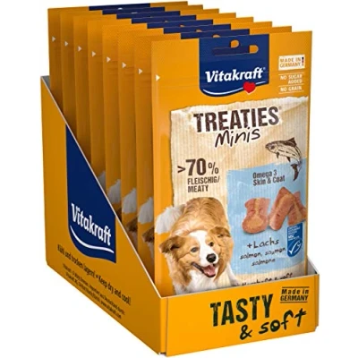 Imagen de Vitakraft Treaties Minis, snack para perros, con salmón y omega 3, como premio el adiestramiento, sin azúcares añadidos ni cereales, en bolsitas resellables formato pack (8x 48g)